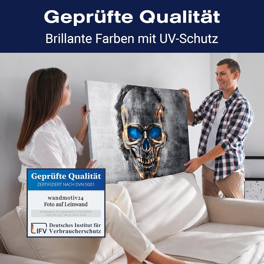 wandmotiv24 Leinwand-Bilder Totenköpfe, Grösse 60x45cm, Querformat, Totenkopf, Gold Kontur, Knochen,