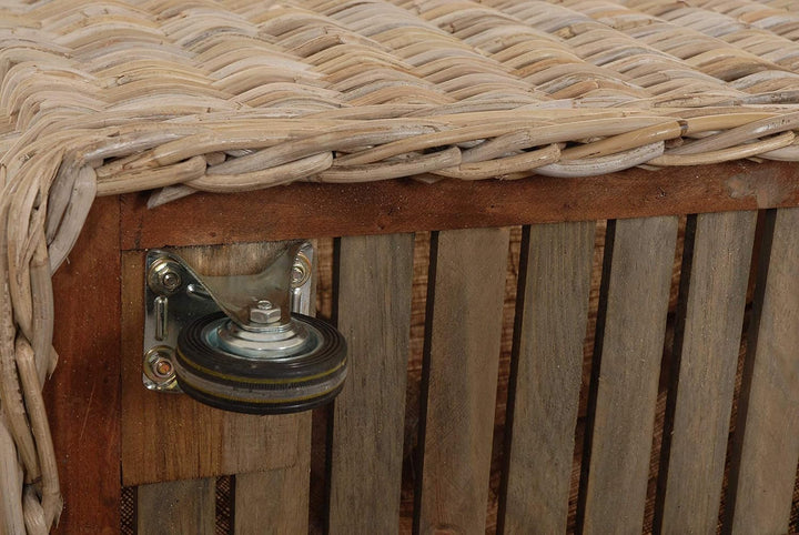 Grosser Rollkorb mit Griffen/Holzkorb mit Rollen aus grauem Natur Rattan/Aufbewahrung Holz-Wagen Räd