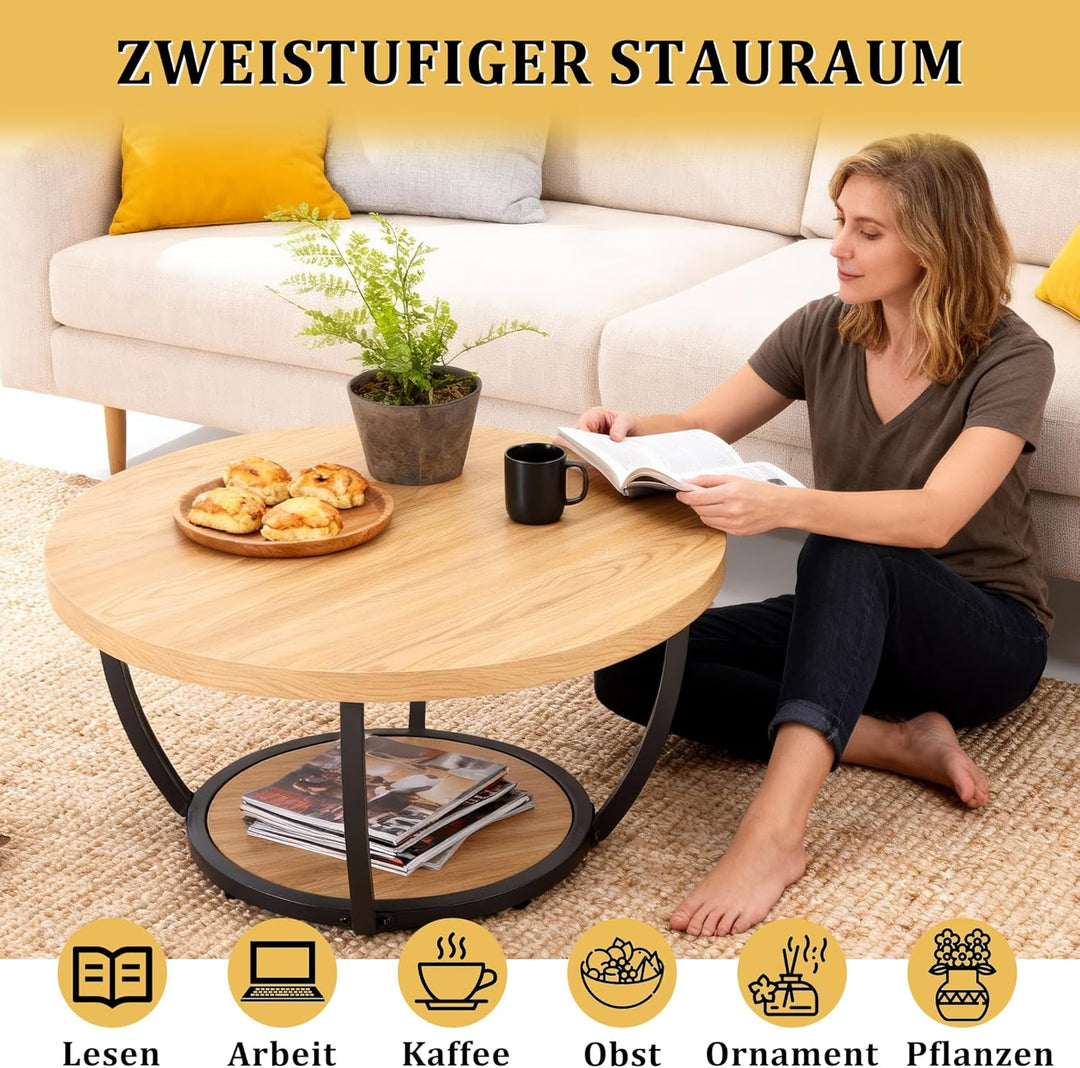 Mingone Couchtisch Rund, Industrial 2-Tier-Kreis Wohnzimmertisch mit Offenem Stauraum, Holz Coffee T