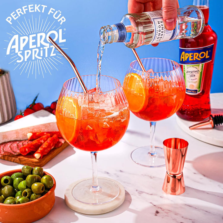 Geriffelte Gin Tonic Gläser Set | 2 Handgefertigte Gin Gläser, Rotgold-Barlöffel, Spirituosen-Messbe