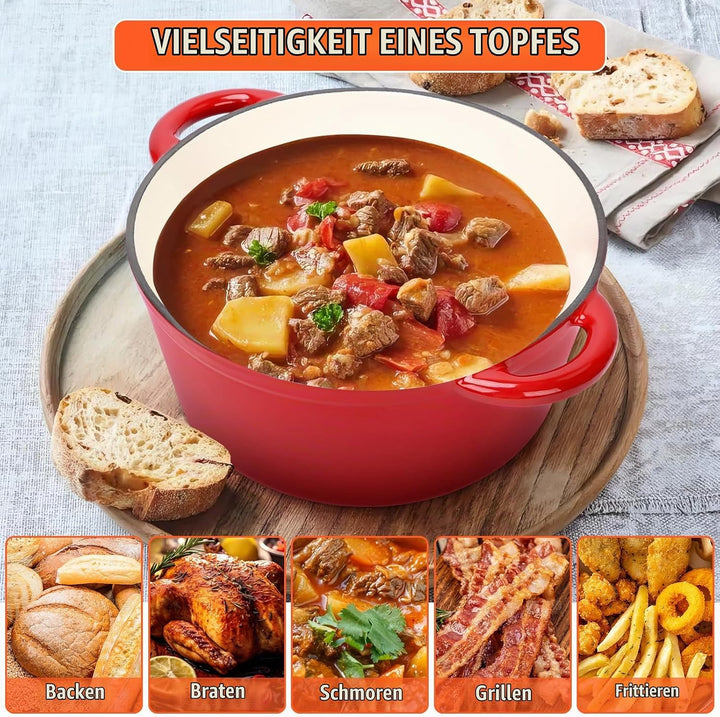 GFTIME Ø28cm Emaille Gusseisen Schmortopf mit Deckel,Dutch Oven für Zuhause, Küche, Gusseisen Bräter