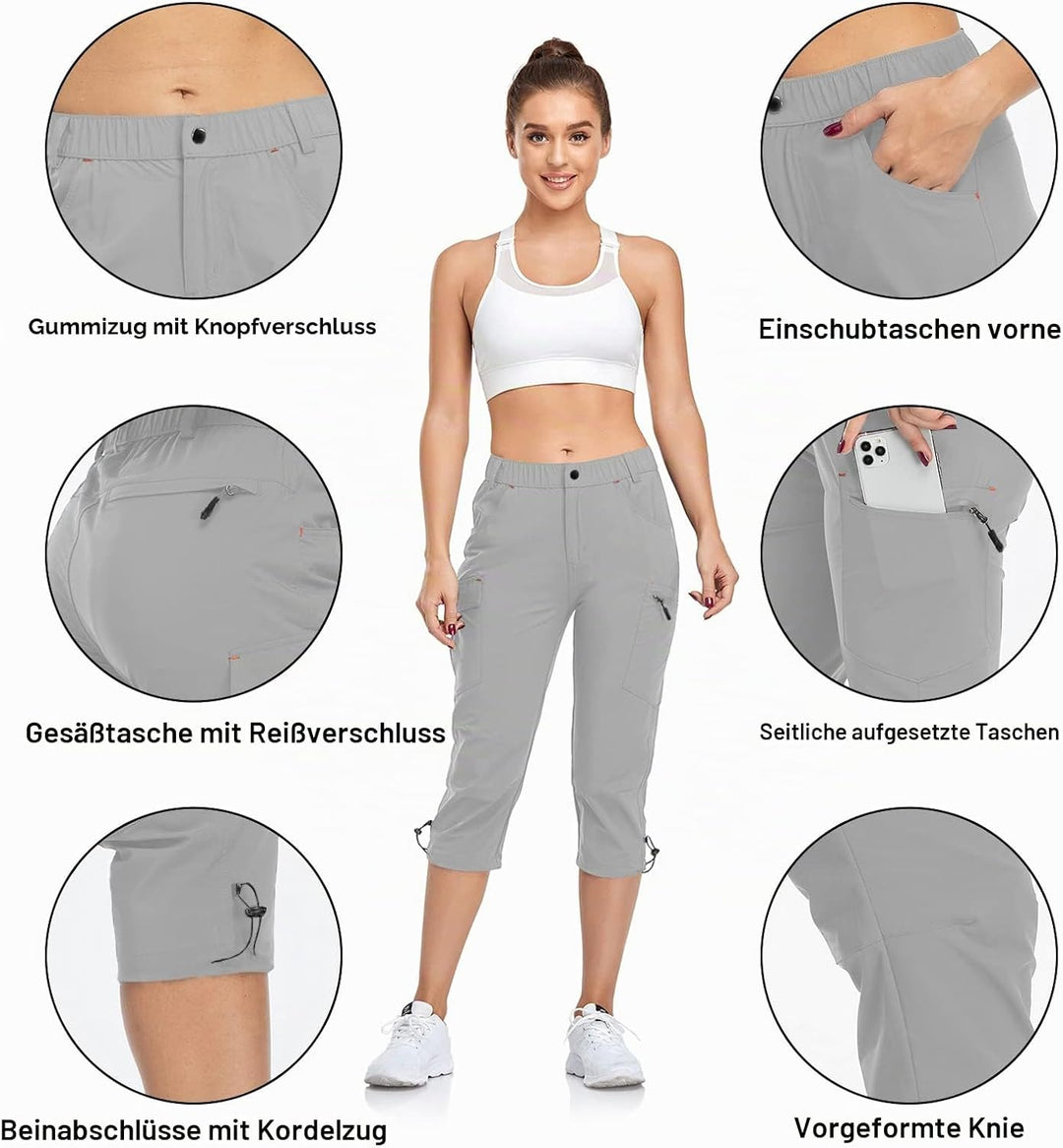 GymBrave Damen-Cargohose, schnelltrocknend, Outdoor-Camping-Caprihose, wasserabweisend, LSF 50, mit