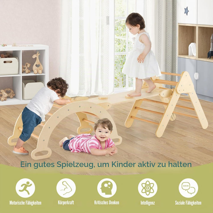 HOMASIS 3 in 1 Kletterdreieck mit Rutsche & Leiter & Kletterbogen, Klettergerüst mit Rampe, Sprossen