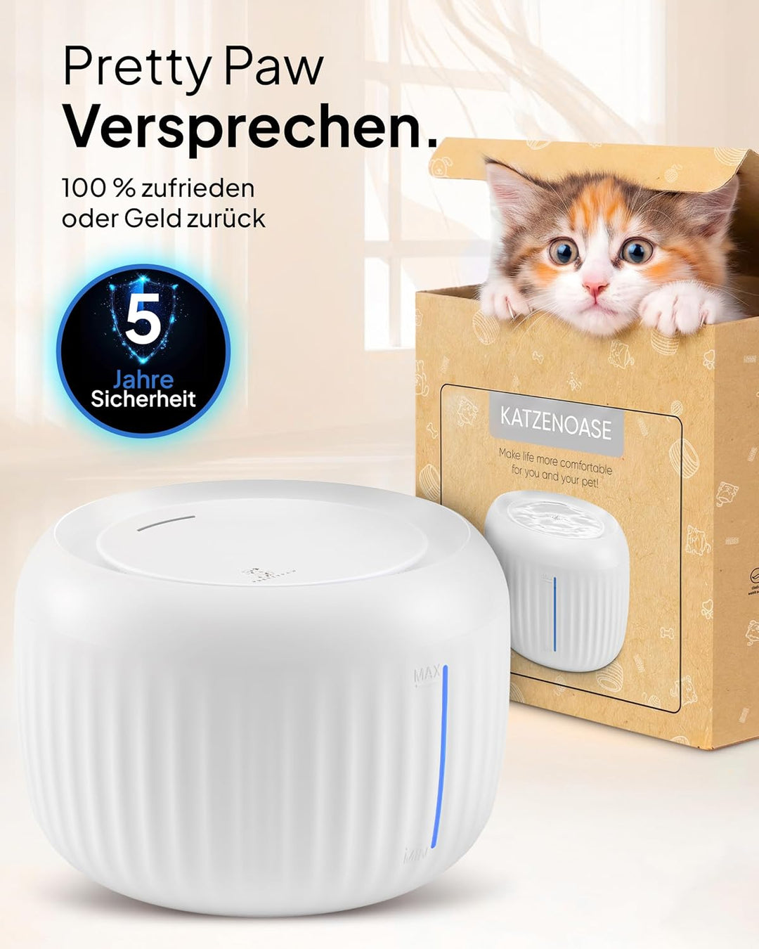 Pretty Paw Katzenbrunnen mit Leiser Pumpe, LED und Aktivkohlefilter, 2,5L Weis, Weis