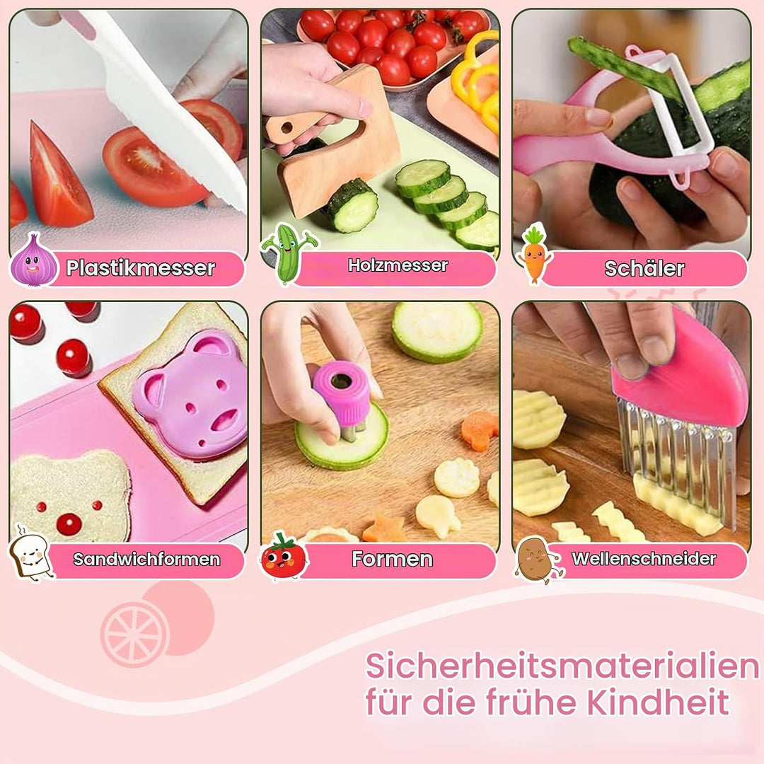 15 Stück Kindermesser, Mit Schürze, Faltbarer Aufbewahrungsbox und Wellenschneider, Kindermesser ab