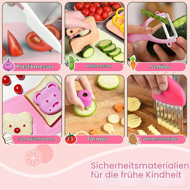 15 Stück Kindermesser, Mit Schürze, Faltbarer Aufbewahrungsbox und Wellenschneider, Kindermesser ab