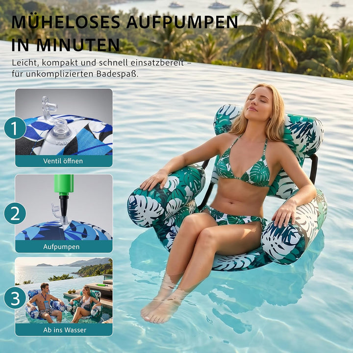 Wasserhängematte Pool Erwachsene 2er Set Aufblasbarer Schwimmsessel mit Stoffbezug Rückenlehne Handp