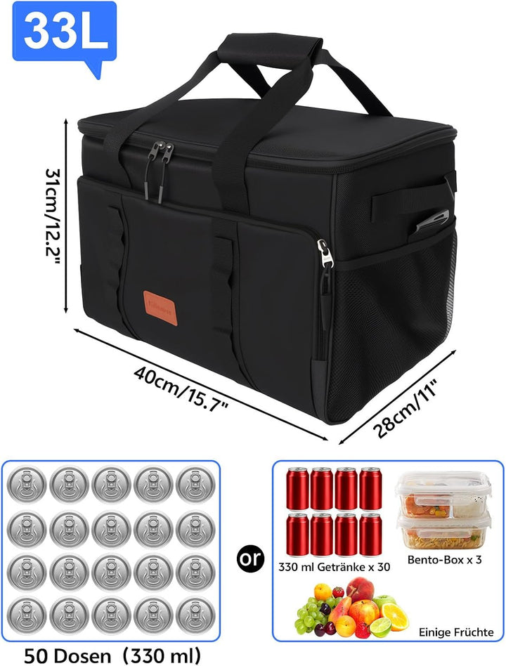 Kühltasche Gross 33L – Faltbare Isoliertasche für 50 Dosen, 8-12 Std. Kühlung, Wasserdicht & Auslauf