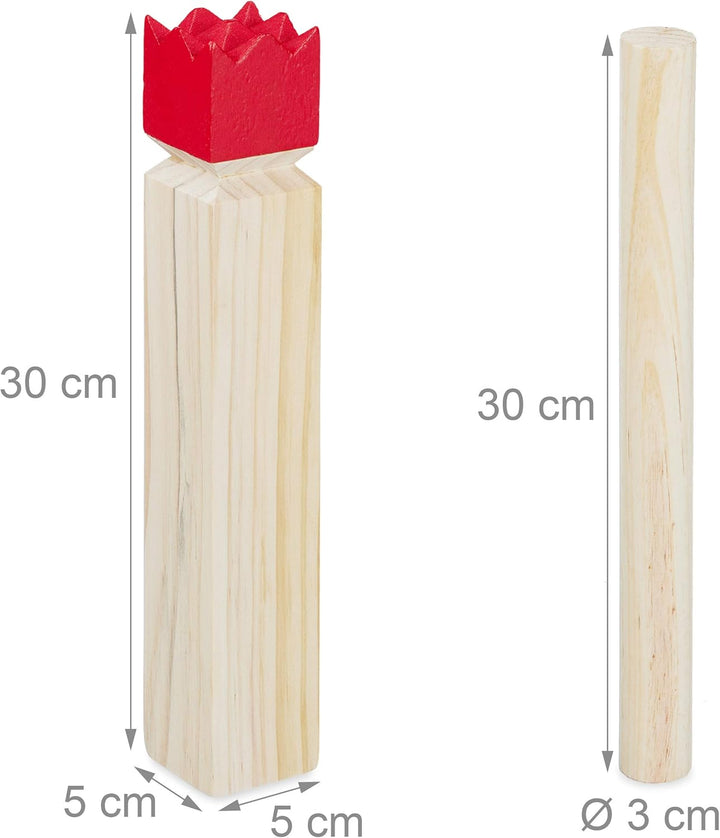 Relaxdays Wikinger Wurfspiel aus Kiefernholz, Natur Kubb Wikingerspiel, roter König, gross, Gartensp