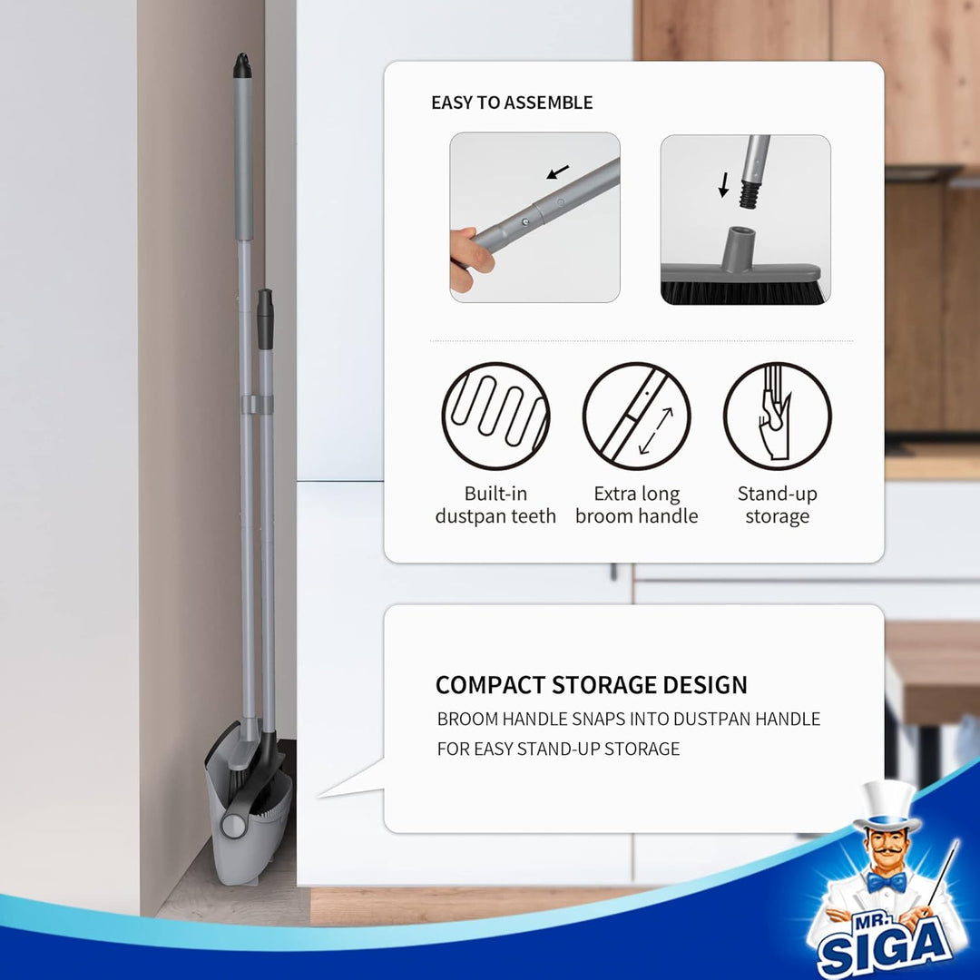 MR.SIGA Besen und Kehrschaufel Set mit Langem Griff, Aufrechter Kehrmaschine und Kehrschaufel Combo