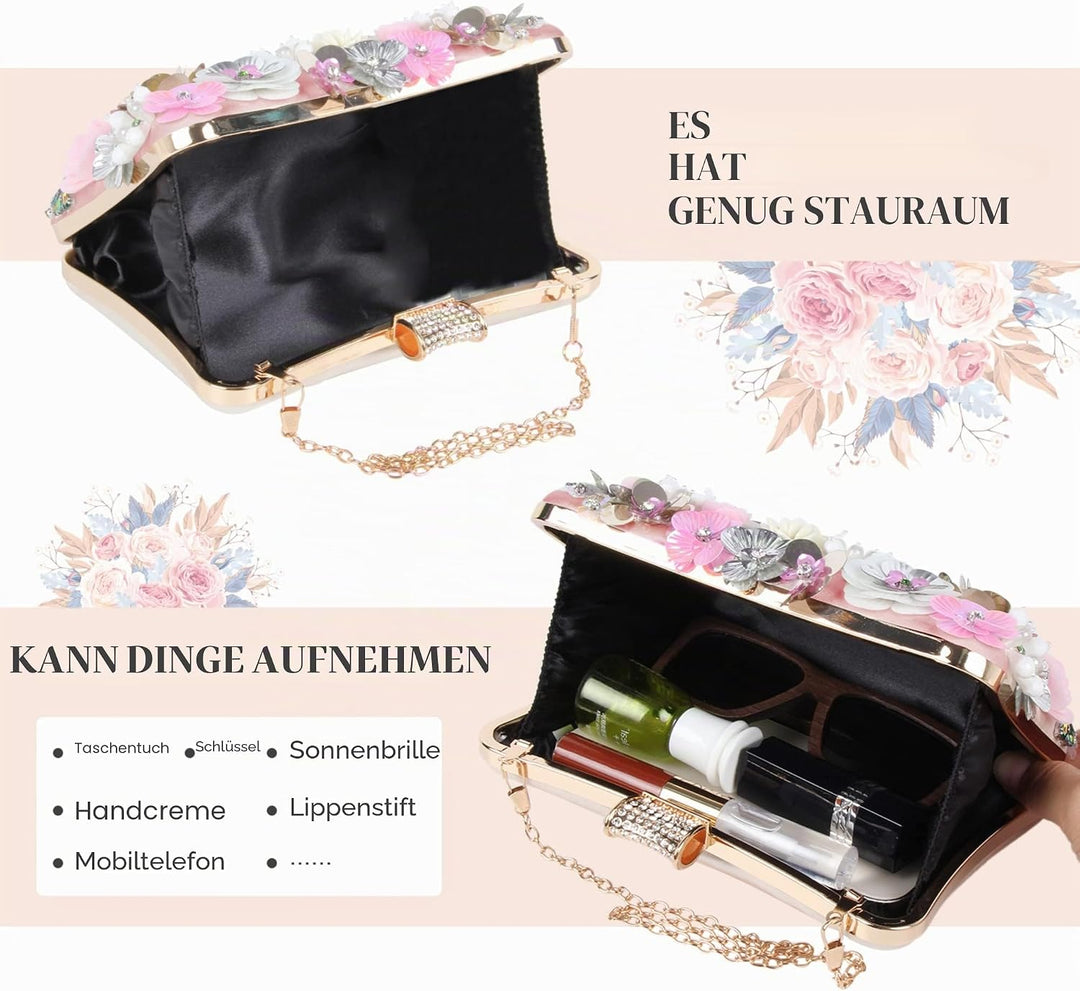 Fecialy Blumen-Clutch-Abendtaschen für Damen mit bunten Blumen-Metall-Strasssteinen Abend-Clutch-Gel