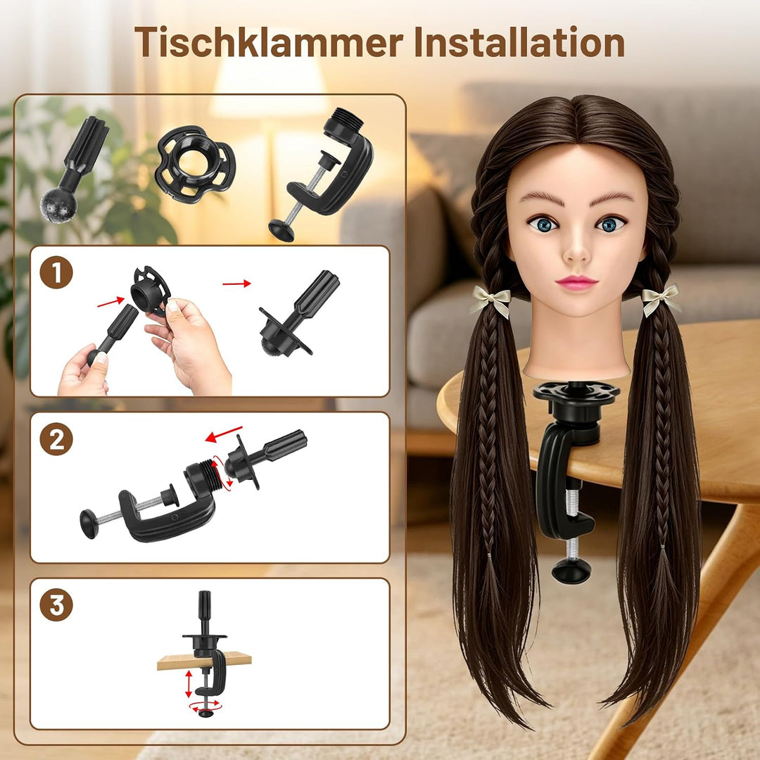 TwoWin 24 Zoll /60 cm Trainingsköpfe für Friseure, Frisierkopf mit 80% Echthaar, Übungskopf Friseurk