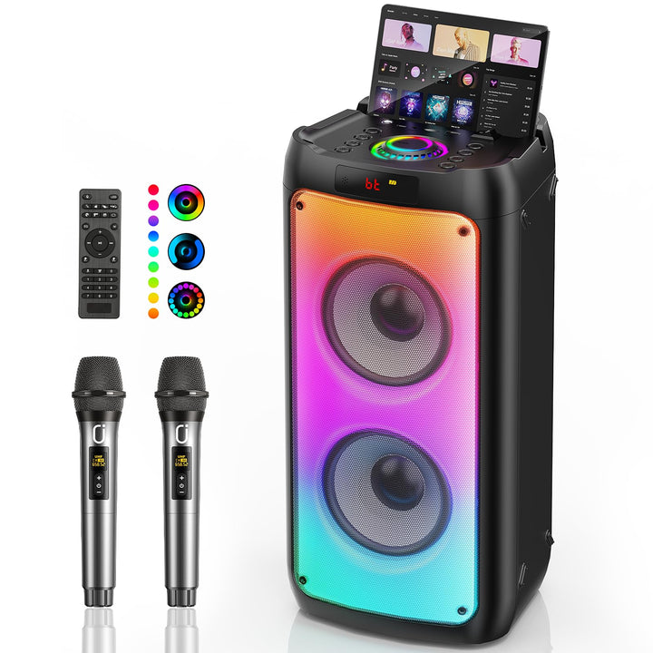 HWWR Karaoke Maschine mit 2 drahtlosen Mikrofonen tragbarem Bluetooth-Lautsprecher RGB-Licht, Schwar