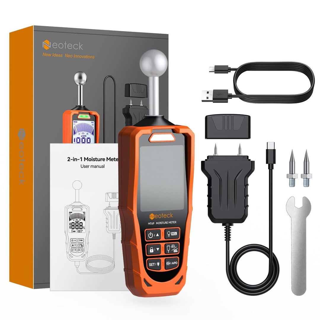 Neoteck Pin&Pinless Feuchtigkeitsmesser mit Farb-LCD und akustischem Alarm 2-in-1 Dual-Sonden-Feucht