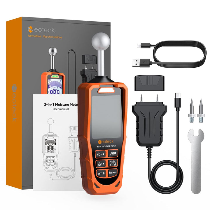 Neoteck Pin&Pinless Feuchtigkeitsmesser mit Farb-LCD und akustischem Alarm 2-in-1 Dual-Sonden-Feucht