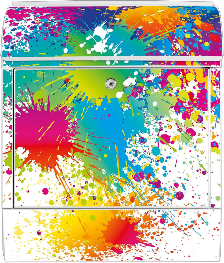 banjado® Design Briefkasten mit Motiv Farbspritzer 39x47x14cm &amp; 2 Schlüssel - Briefkasten Stahl weis