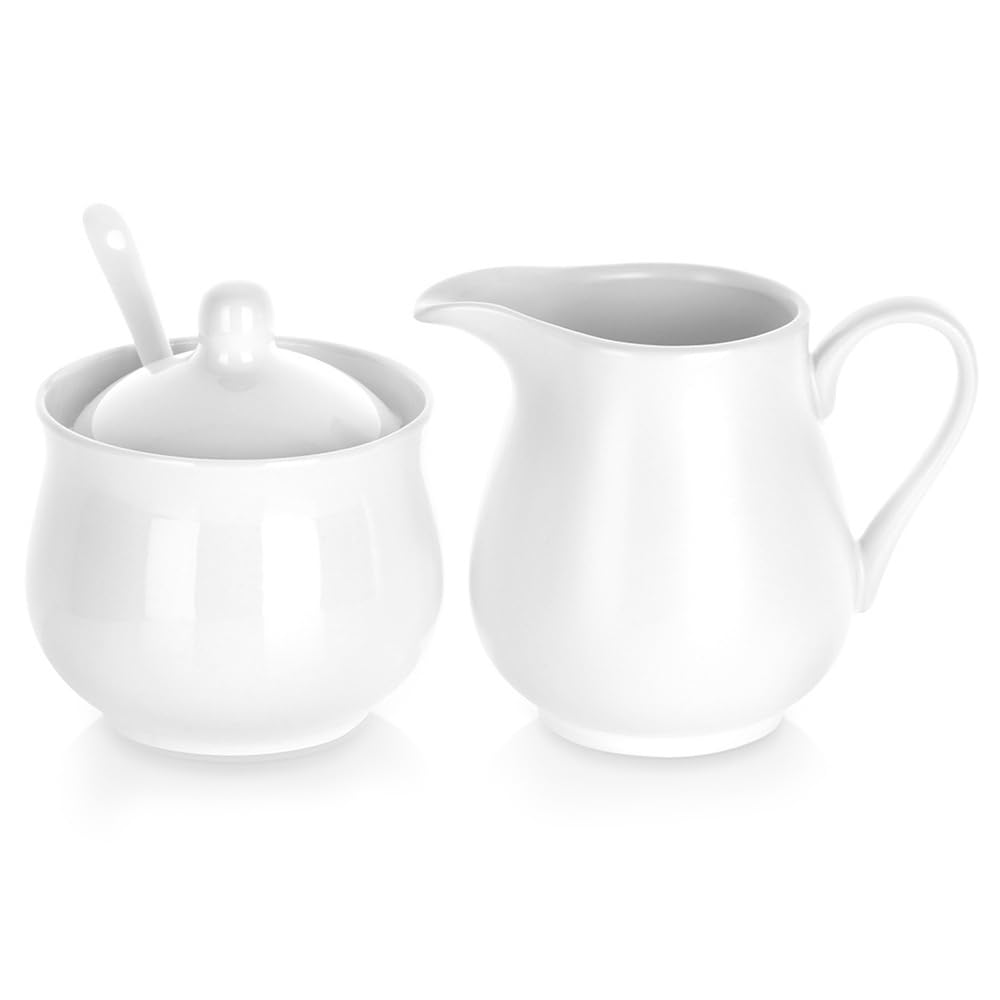 Vilde Milchkännchen und Zuckerdose Set aus Porzellan 2-teilig mit Deckel Löffel Weiss - Modern Kaffe