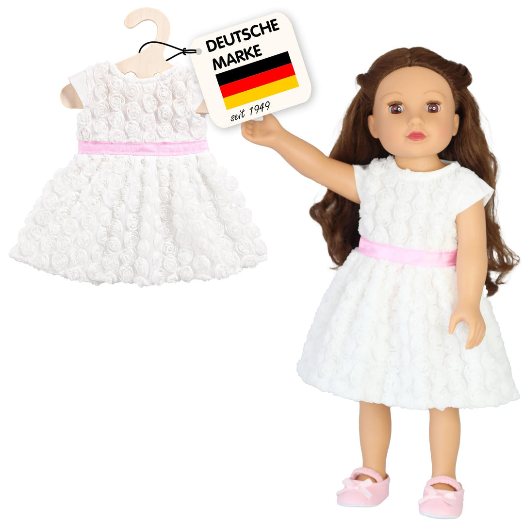 Heless 2650 - Traumkleid für Puppen in Weiss, mit kleinen Blumenröschen und einer rosa Schärpe, Grös