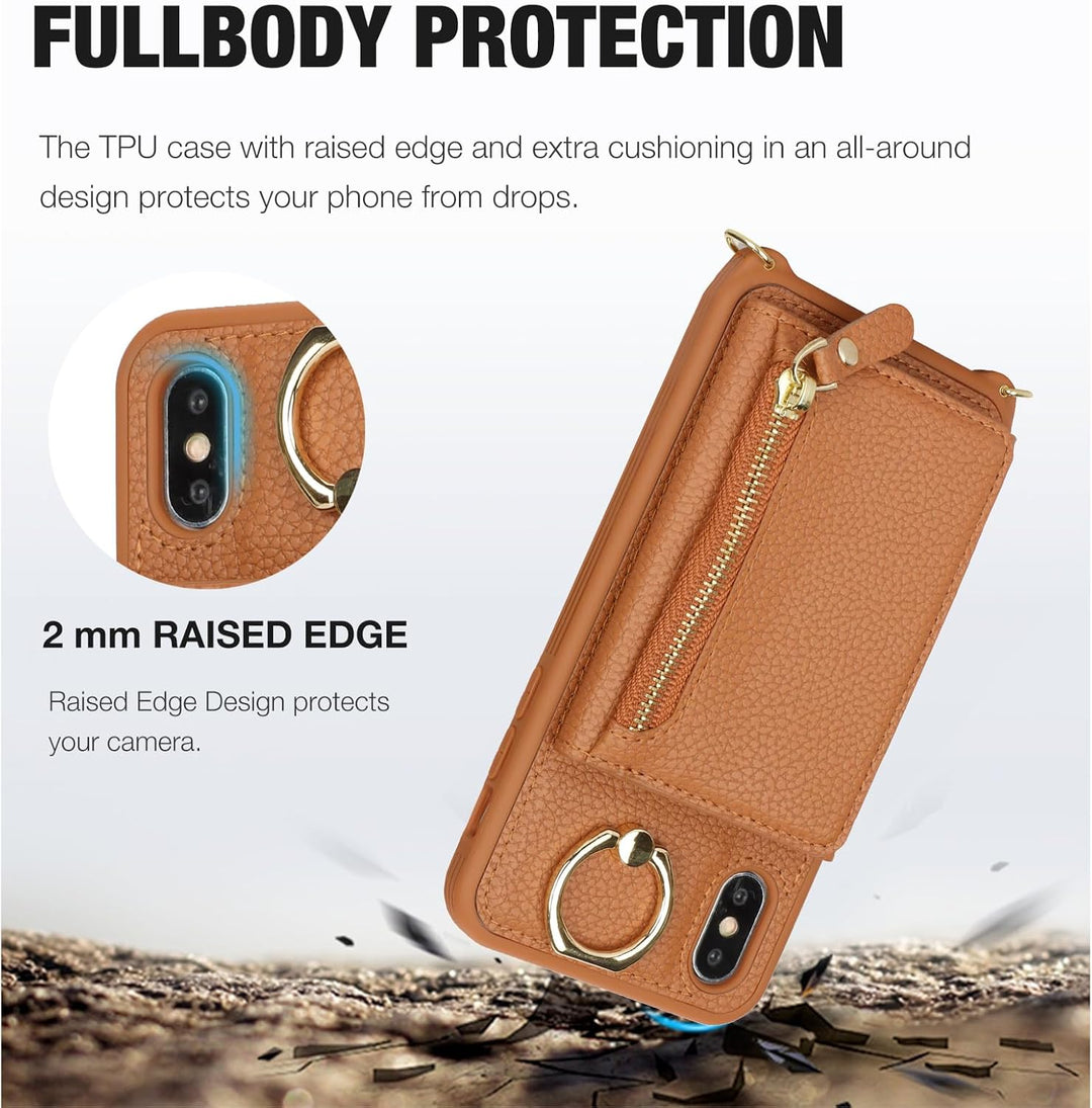 ELTEKER Handyhülle für iPhone XS Max Hülle mit Band Kartenfach Handykette Ringhalterung Geldbörse,Le