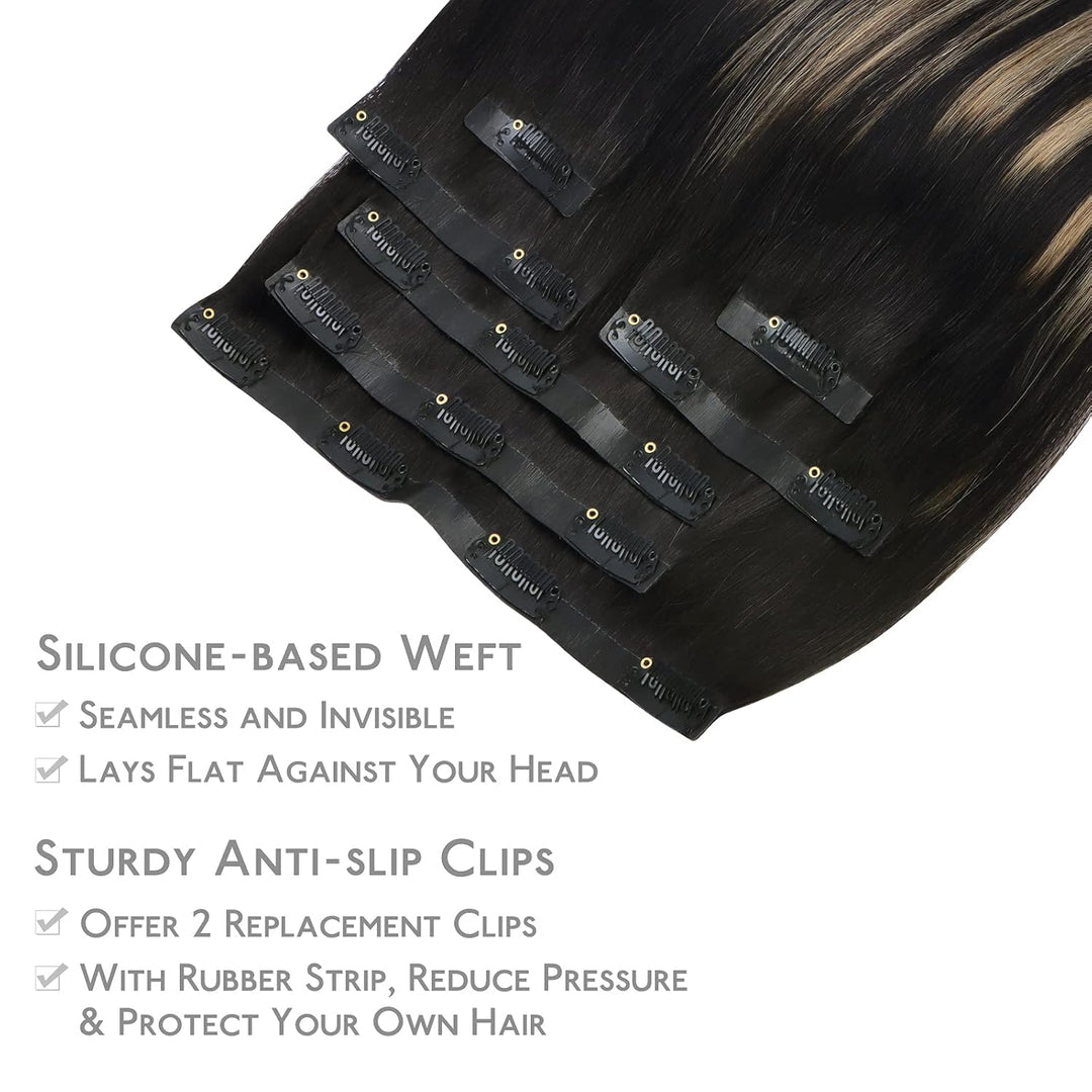 WENNALIFE Nahtlose Clip In Extensions Echthaar, 50cm 7pcs 150g Balayage Natürliches Schwarz bis Hell