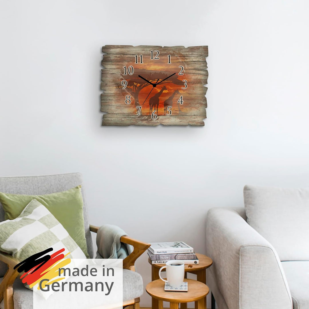 ARTLAND Wanduhr ohne Tickgeräusche aus Holz Funkuhr 40x30 cm Rechteckig Lautlos Afrika Tiere Giraffe