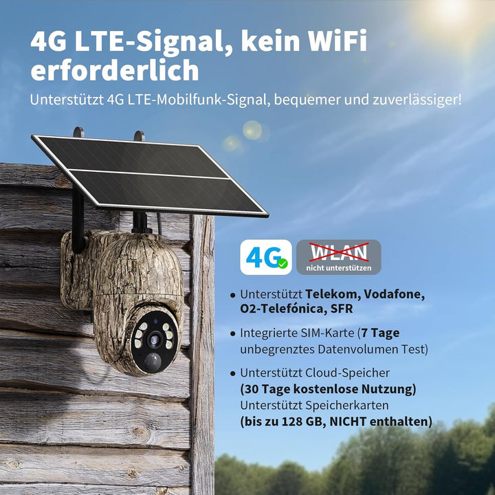 NUASI 4G LTE Wildkamera mit SIM Karte, 2K Kabellos Solar Wildtierkamera mit Handyübertragung App, Üb