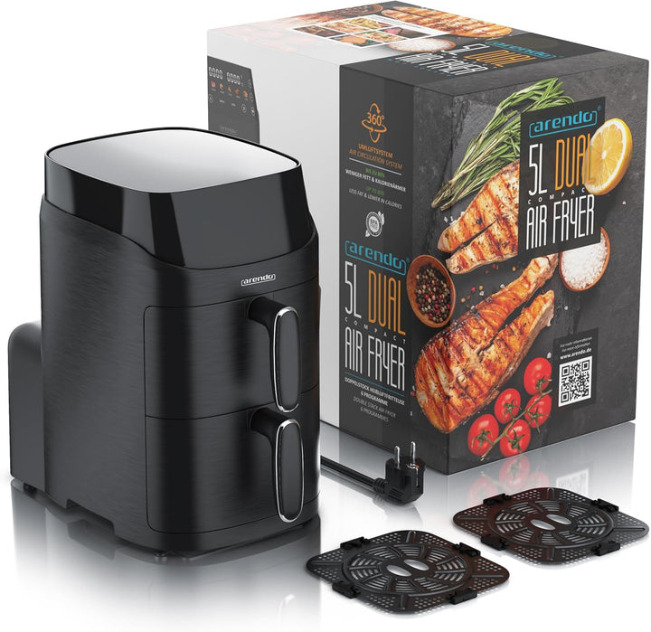 Arendo - Mini Heissluftfritteuse 2 Kammern - 5 Liter Doppelstock – 2000 Watt – 2 Frittierbehälter in