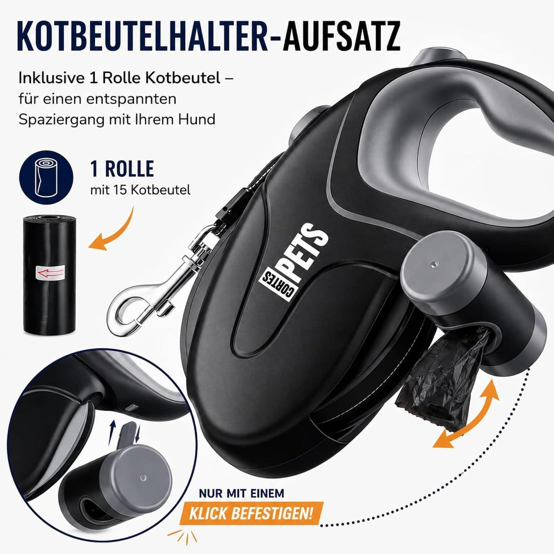 Rollleine Hundeleine 10m für grosse Hunde bis 50 kg - Ausziehbare Hundeleine 10 m mit Kotbeutel - Re
