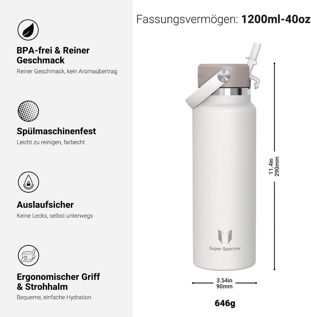 Sparrow Trinkflasche Edelstahl 1.2L - Weiter Öffnung SwivelSip Thermosflasche mit Strohhalm - BPA-fr