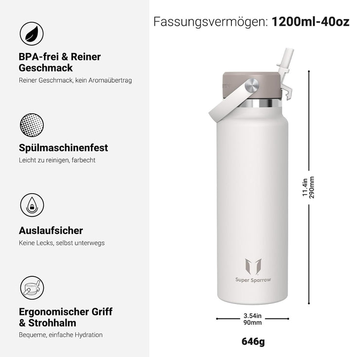 Sparrow Trinkflasche Edelstahl 1.2L - Weiter Öffnung SwivelSip Thermosflasche mit Strohhalm - BPA-fr