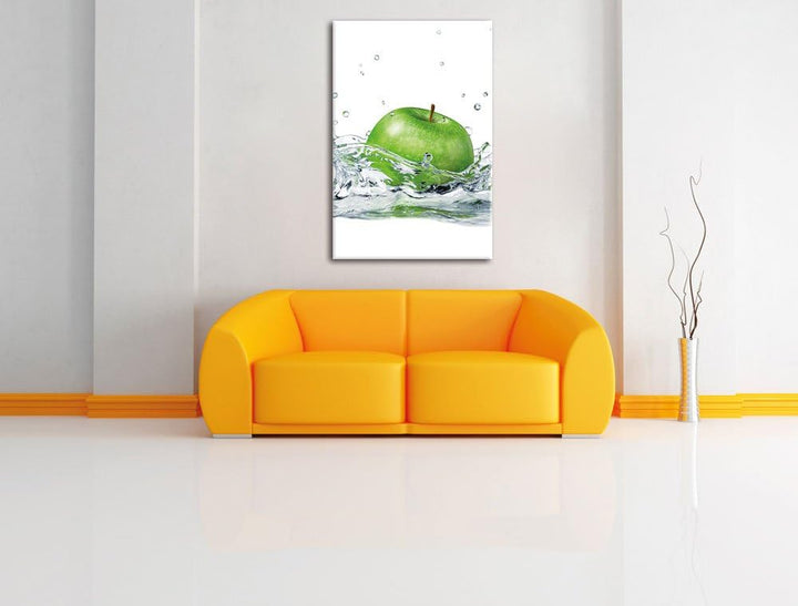 Pixxprint Grüner Apfel fällt ins Wasser, Format: 100x70 auf Leinwand, 100x70