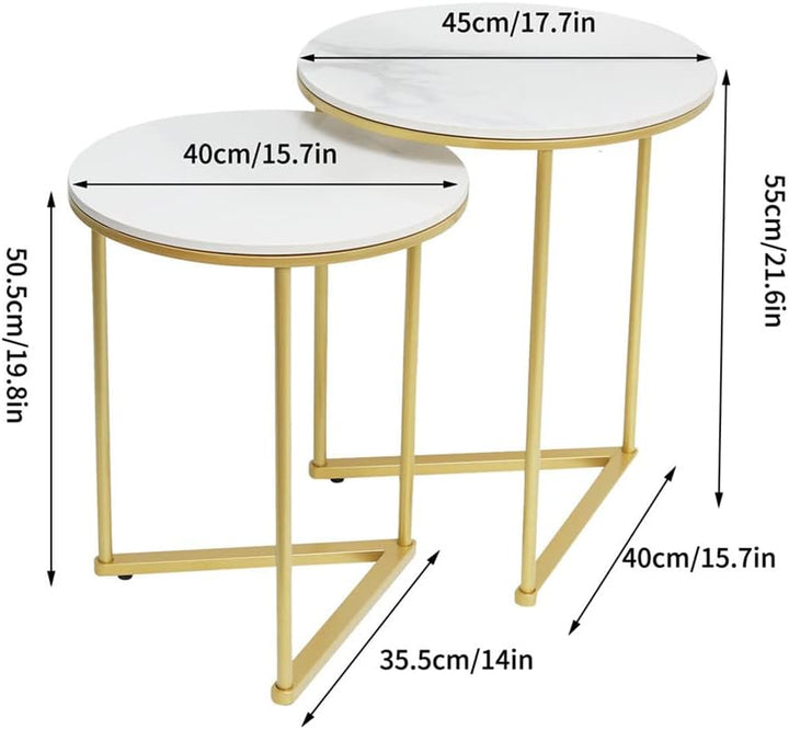 FATIVO Satztisch 2er Set Marmor: Rund Gold Beistelltisch Set - Couchtisch Weiss Wohnzimmertisch mit