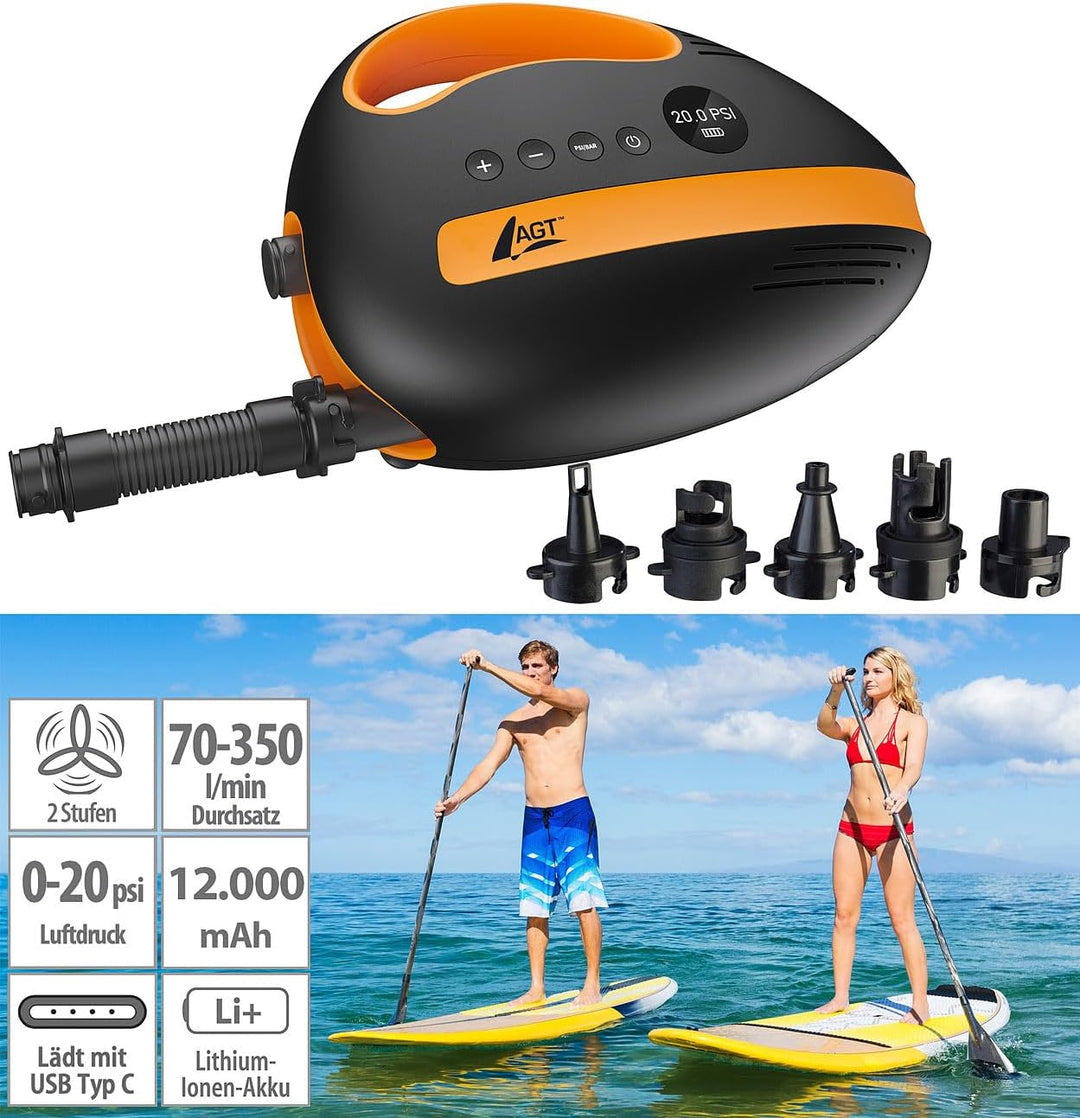 AGT SUP Pumpe: Akku-Luftpumpe für SUP-Boards, 350 l/Min., 3x4.000mAh mAh, USB, 12 V (Luft-Pumpe, SUP