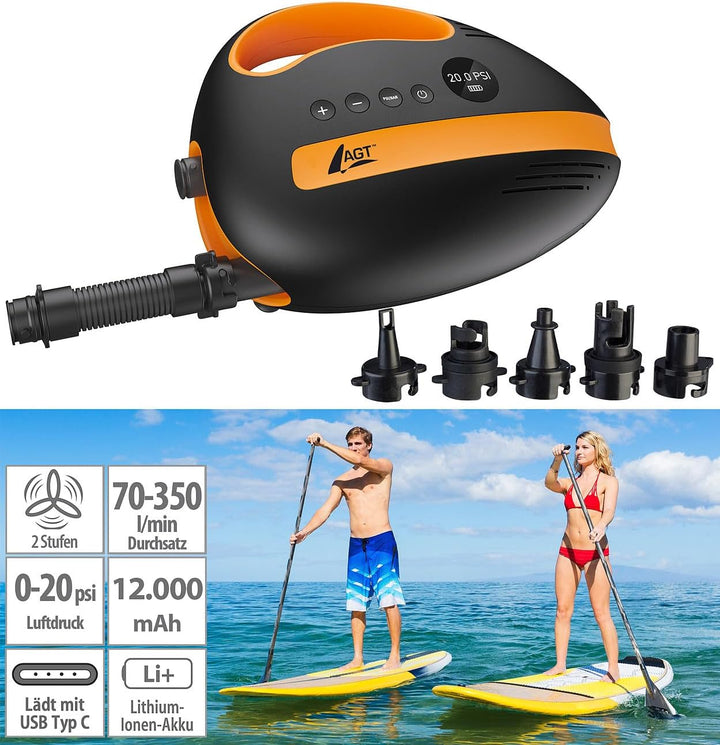 AGT SUP Pumpe: Akku-Luftpumpe für SUP-Boards, 350 l/Min., 3x4.000mAh mAh, USB, 12 V (Luft-Pumpe, SUP