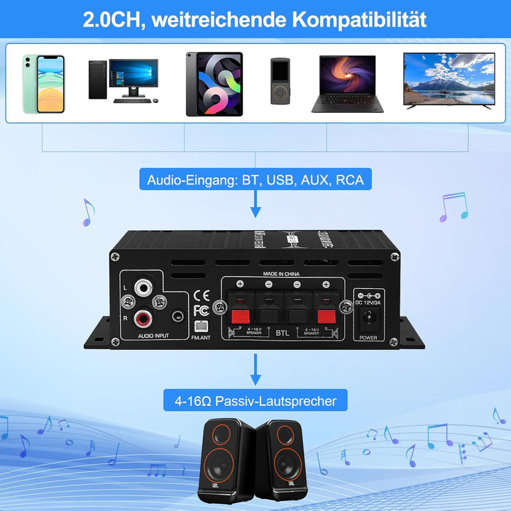 HiFi Stereo Verstärker Empfänger für Home Lautsprecher, AK-390 Bluetooth5.0 Mini Audio Amp 2.0 Kanal