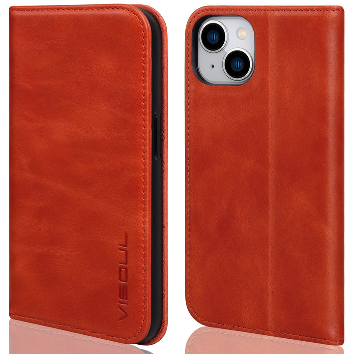 VISOUL iPhone 14 Plus Hülle, Stossfeste Handyhülle [Erstklassiges Rindsleder], TPU Schutzhülle [Kart