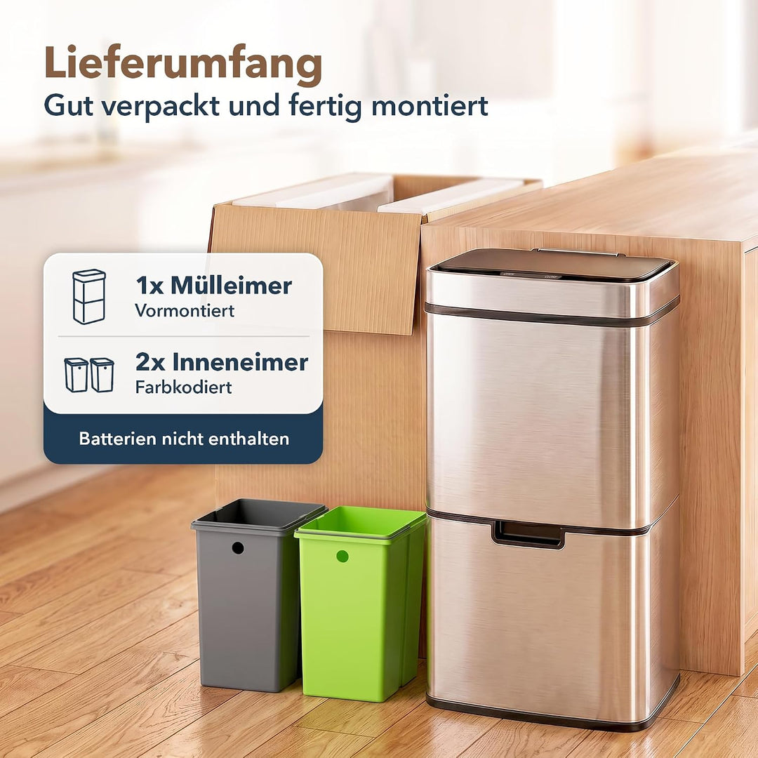 ledscom.de SORTA Sensor Mülleimer 72L, 3-Fächer Mülltrennsystem | Edelstahl, 3 Kammern: 47 L + 2×12,