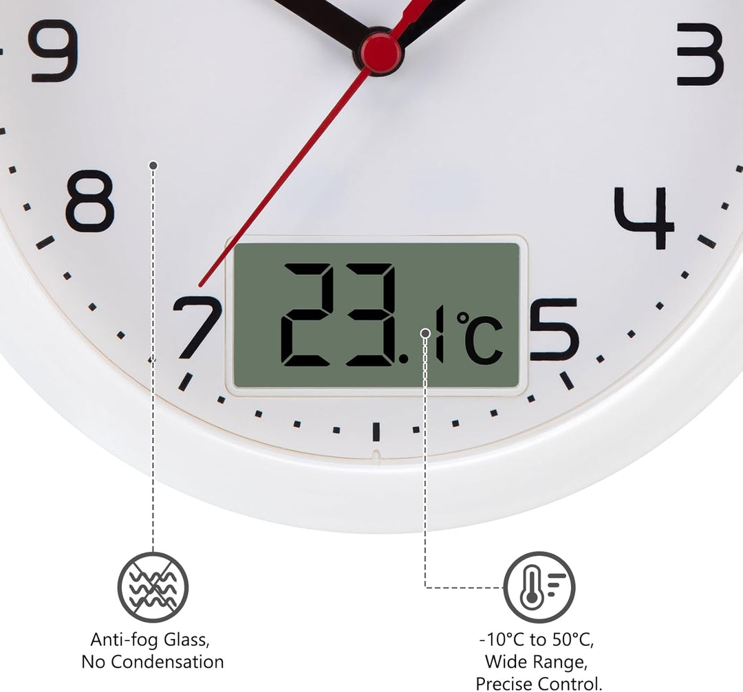 VIVILINEN Badezimmeruhr mit Temperaturanzeige Wanduhr ohne Tickgeräusche Küchenuhr mit Hängeband & S