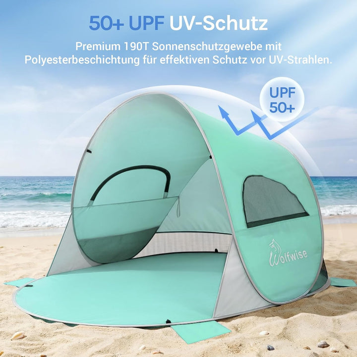 Wolfwise Pop Up Strandmuschel für 3-4 Personen, Sofort Aufbau, UV-Schutz 50+, Wasserabweisend, Belüf
