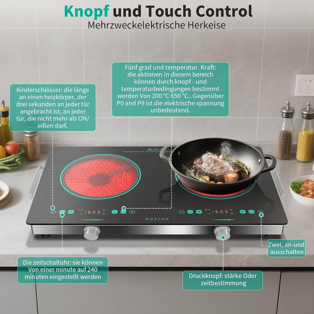 NOXTON Glaskeramikkochfeld 2 Platten Tragbar, Elektrische Herdplatte und Kochplatte Freistehend mit