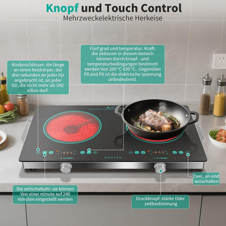 NOXTON Glaskeramikkochfeld 2 Platten Tragbar, Elektrische Herdplatte und Kochplatte Freistehend mit