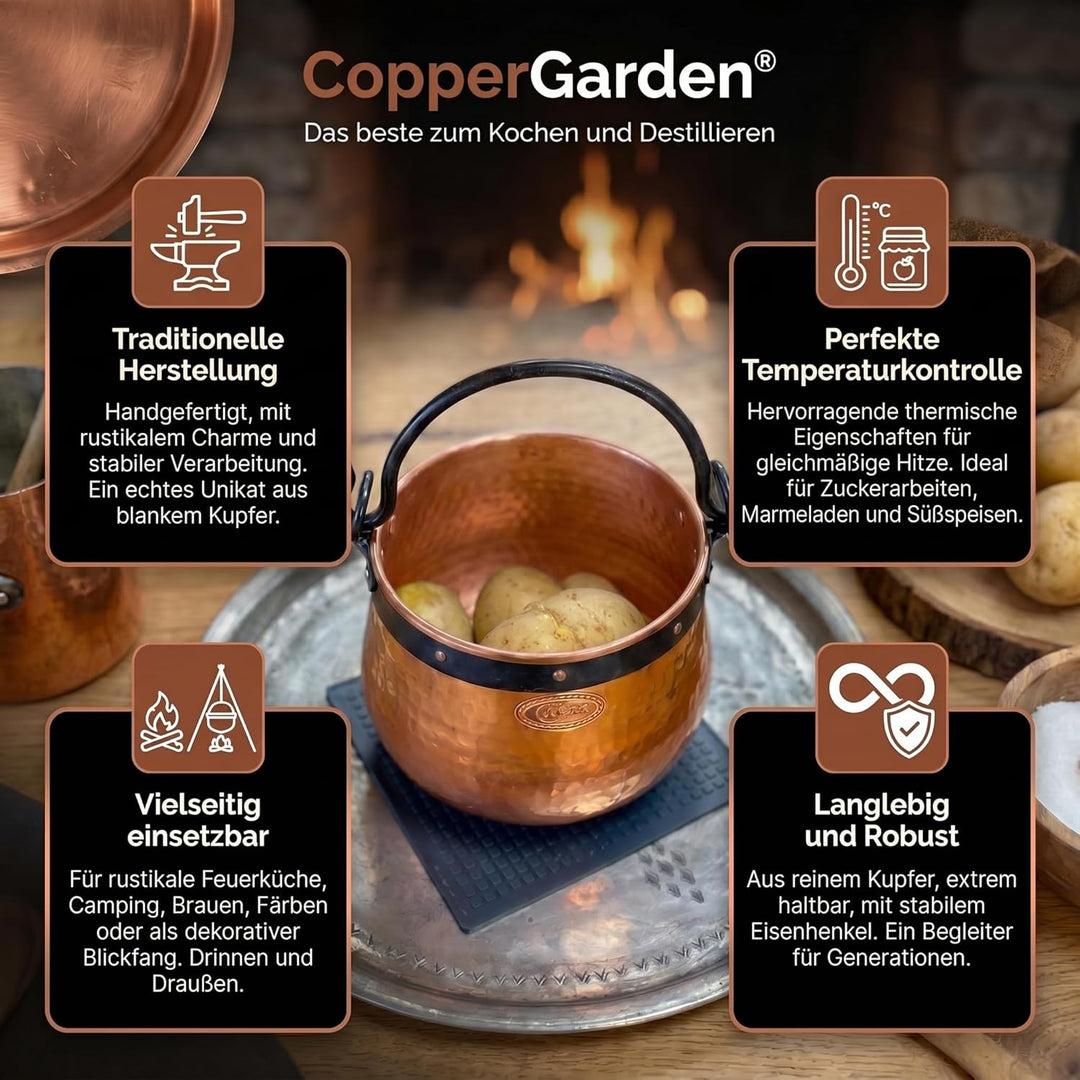 CopperGarden Kupferkessel 3 L mit Henkel I Robuster Kessel aus blankem Kupfer: Ideale Wärmeleitung &