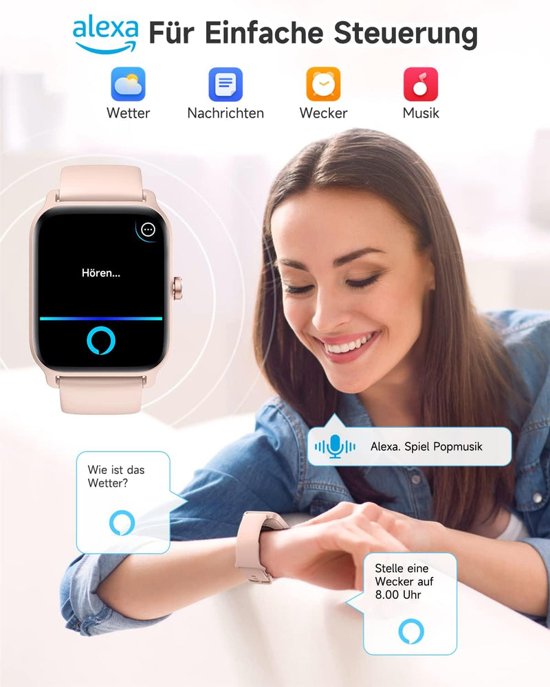 Smartwatch Damen mit Telefonfunktion 1.8" Alexa Integriert Herren Fitnessuhr 100+ Sportmodi, Pulsmes