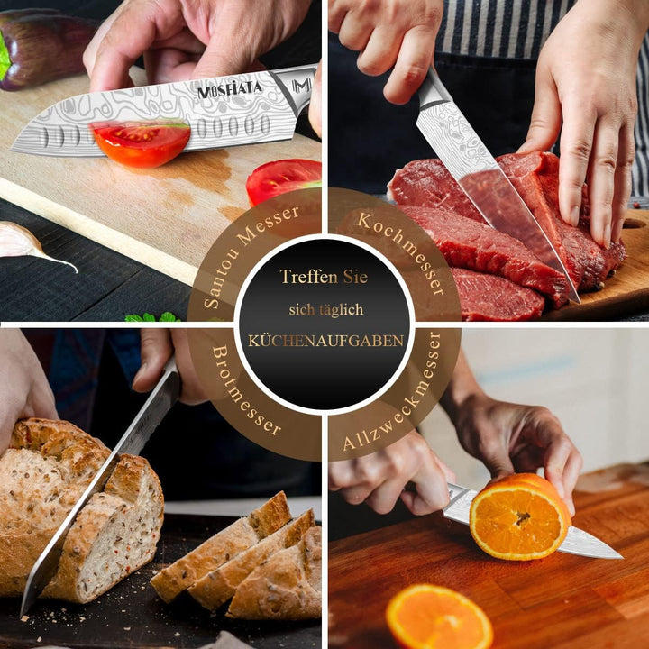 MOSFiATA Küchenmesser Set Edelstahl, 5pcs Küchenmessersets, Kochmesser, Santoku Messer, Utility Mess