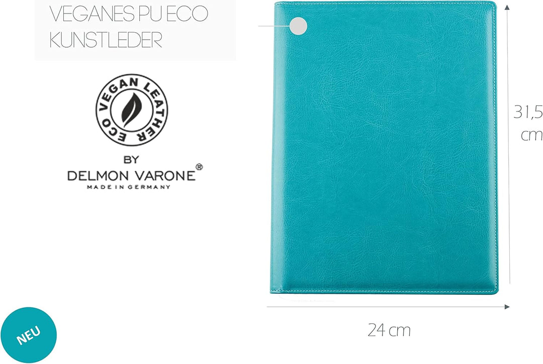 DELMON VARONE - Schreibmappe inkl. Notizblock DIN A4 (80 Blatt) aus veganem Eco Kunstleder Türkis -