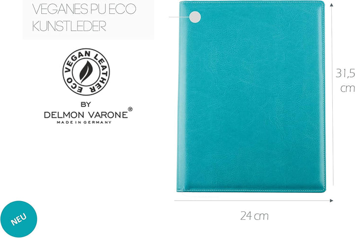 DELMON VARONE - Schreibmappe inkl. Notizblock DIN A4 (80 Blatt) aus veganem Eco Kunstleder Türkis -