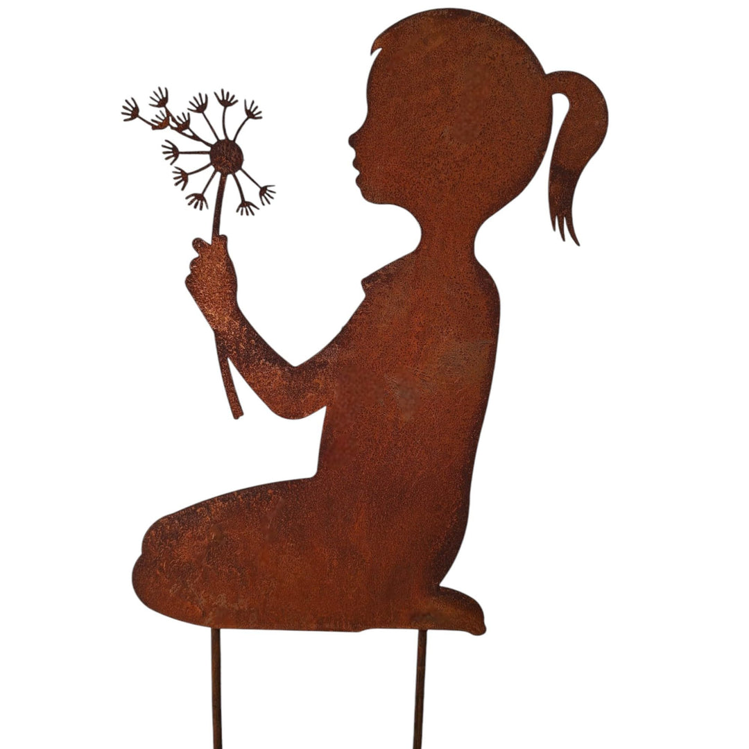Gartenstecker Beetstecker Edelrost Figur Mädchen mit Pusteblume – Rostige Gartendeko, Metall Silhoue