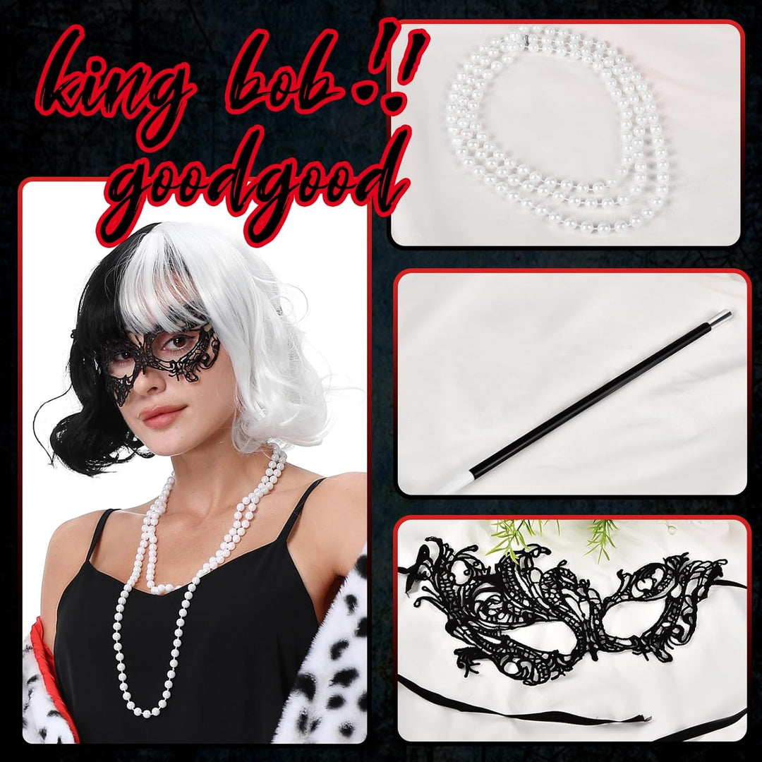 Aragallant Cruella Kostüm Damen, Kurze Schwarze und weisse Perücke, Halloween Kostüm Damen Set, 70er