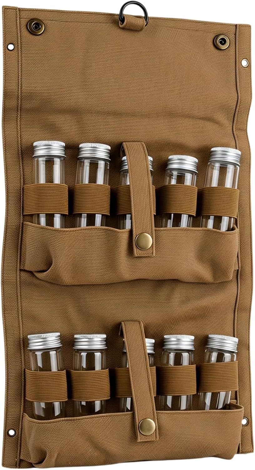 Tragbare Gewürztasche aus Segeltuch mit 10 Glasflaschen Camping Gewürzset für Outdoor BBQ, Picknick,