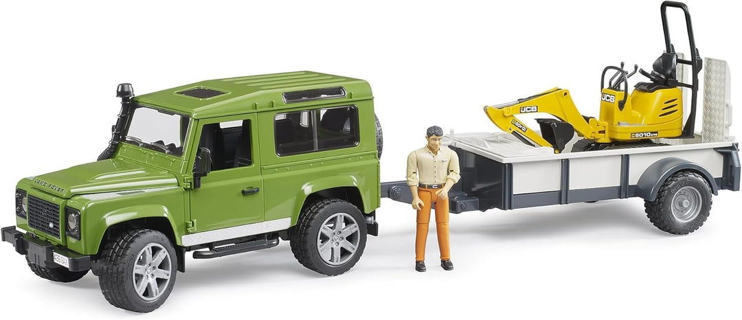 bruder 02593 - Land Rover Defender Station Wagon mit Einachsanhänger, JCB Mikrobagger 8010 Cts, Baua